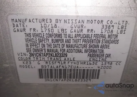 2019 Nissan Versa 1.6 S from USA, damaged, VIN 3N1CN7AP2KL823329